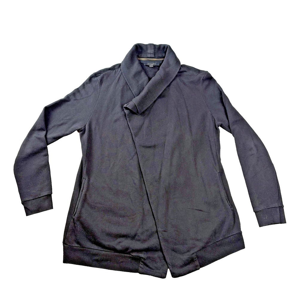 AllSaints Wrap Sweatshirt Large Black Shawl Collar Fleece Lined Zip Detail